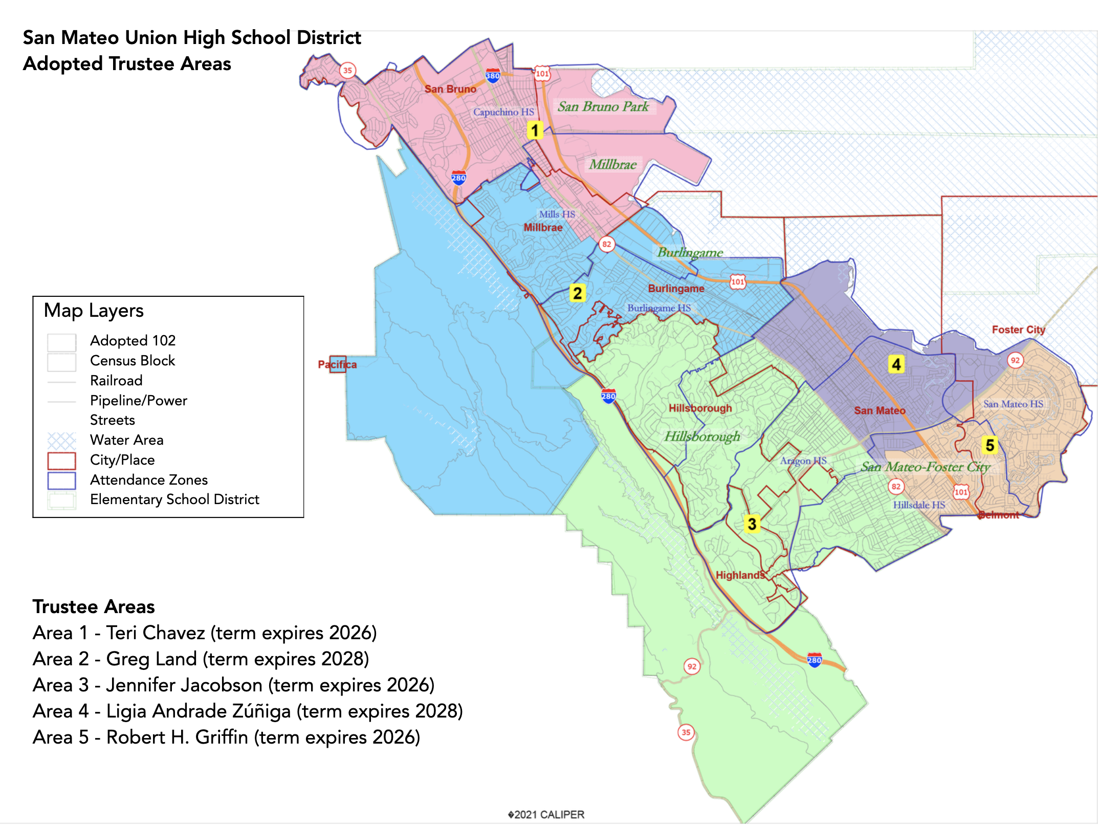Map of SMUHSD Trustee Area 3, covering Aragon and Hillsdale High Schools